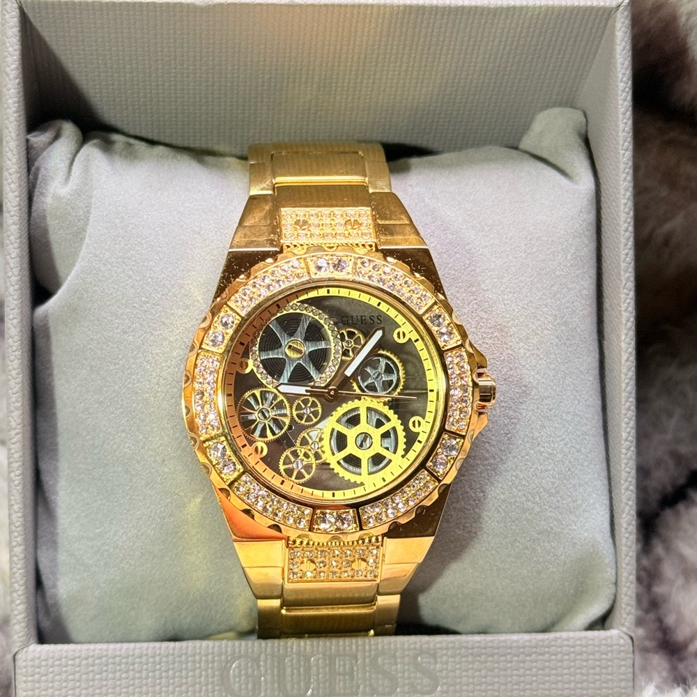 Guess Gold Crystal Embellished Skeleton Watch
